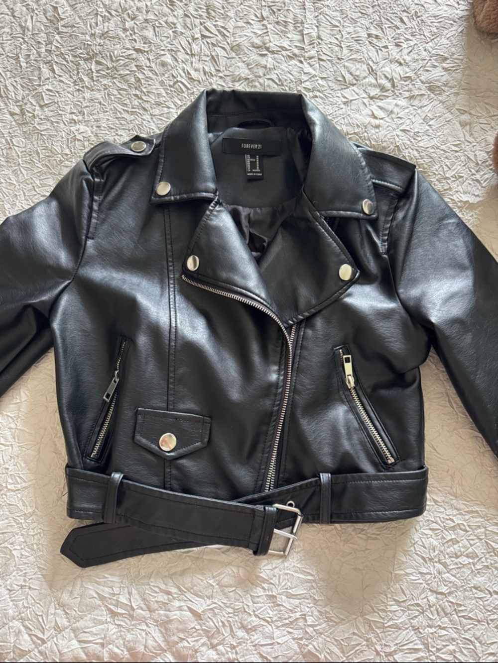 Forever 21 Black Faux Leather Moto Jacket with Belt
